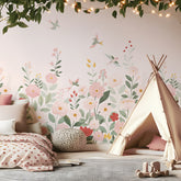 ALYSSE - Papier peint décor fleurs et oiseaux fond rose